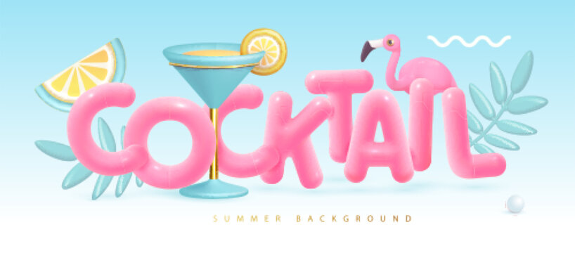 Summer cocktail  disco party typography poster with 3D plastic text, cocktail, tropic leaves and flamingo. Vector illustration