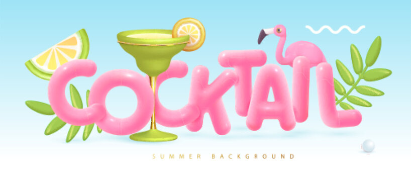Summer cocktail disco party typography poster with 3D plastic text, cocktail, tropic leaves and flamingo. Vector illustration