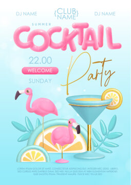 Summer cocktail  disco party typography poster with 3D plastic text, cocktail, tropic leaves and flamingo. Vector illustration