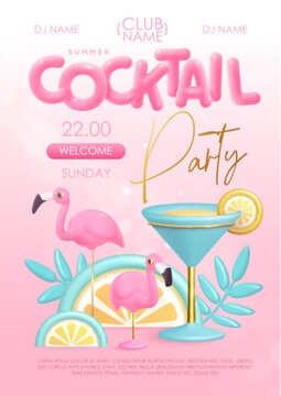 Summer cocktail disco party typography poster with 3D plastic text, cocktail, tropic leaves and flamingo. Vector illustration