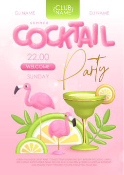 Summer cocktail disco party typography poster with 3D plastic text, cocktail, tropic leaves and flamingo. Vector illustration