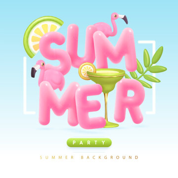Summer cocktail disco party typography poster with 3D plastic text, cocktail, tropic leaves and flamingo. Vector illustration
