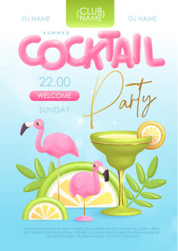 Summer cocktail disco party typography poster with 3D plastic text, cocktail, tropic leaves and flamingo. Vector illustration