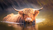 highland cow with horns. Generative AI .