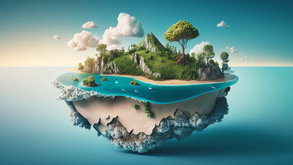 fantasy floating island in the sea, illustration concept. generative ai