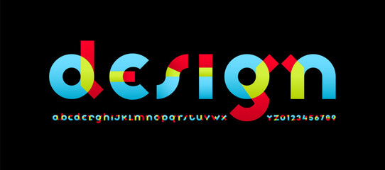 Poster - Multi - color font alphabet, bright trendy letters from A to Z and numbers from 0 to 9 with overlay effect, vector illustration 10EPS