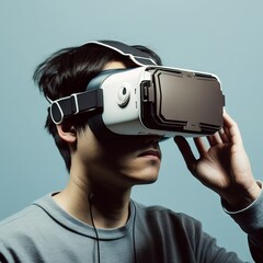 Wall Mural - Young man using virtual reality headset. Studio shot over grey background. Generative AI