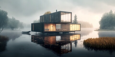 Contemporary modern building in the middle of a lake, generative ai