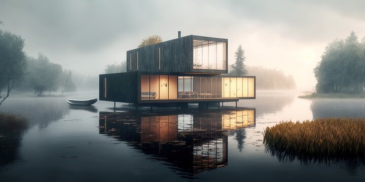 contemporary modern building in the middle of a lake, generative ai
