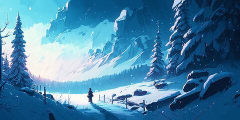 Wall Mural - Snowy forest, 2d game art, concept art, gaming background generated ai