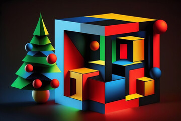 Wall Mural - 3d simple shapes christmas background with neon lights, AI generated