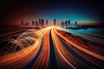 Smart digital city with high speed light trail. Generative AI