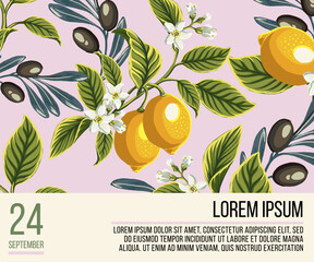 Wall Mural - Party invitation with elements of lemon, leaves, flowers and olive branches