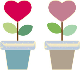 Wall Mural - Two love heart shaped flowers with two leaves planted in a pot