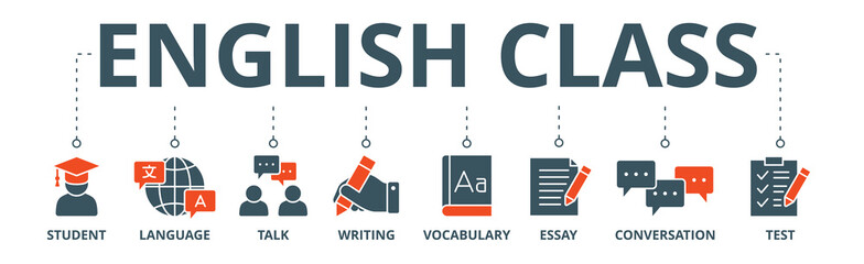 English class banner web icon vector illustration concept with icon of student, language, talk, writing, vocabulary, essay, conversation, test