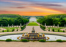 Latona Fountain And Versailles Park Landscape At Sunset, Paris Suburbs, France