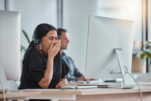 Crm, Yawn And Business Woman In A Call Center Office On A Web Help Consultation. Telemarketing, Customer Support And Employee Feeling Tired, Fatigue And Burnout From Consultant Job And Networking
