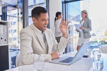 Poster - Video meeting, business man and wave in a digital conference on a office computer. Communication, happiness and businessman talking and greeting in a work training consultation at a web company