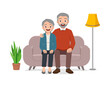 happy old couple sit on sofa and loving together