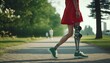Female legs prosthesis close up walking outdoor in city park, disabled woman amputee wearing robotic prosthesis legs, modern limbless technology, girl with lower extremity prosthesis, generative AI
