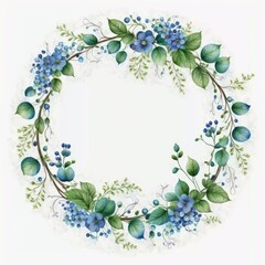 Wall Mural - Circle frame of blue flower and green leaves with watercolor painting isolated on white background. Theme of vintage minimal art design in geometric. Finest generative AI.