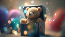 Little Bear Toy In Gift Box On Colorful Lens Flare Background, Cute Attractive Miniature Teddy Bear Gift Symbol To Loved One, Funny Little Bear Gift For Lovely Second Half, Generative AI