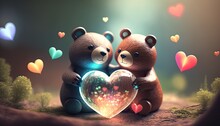 Two Little Bears Toys Holds Heart In Paws On Colorful Lens Flare Background, Cute Attractive Miniature In Love Teddy Bears Couple Make Marriage Proposal To Loved One, Generative AI