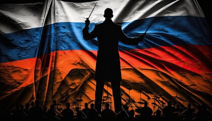 Silhouette of conductor on Russia flag background country management concept for one person, political management of russian national government. Conductor man silhouette on russian flag generative AI