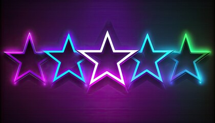 Wall Mural - 5 Five stars customer product rating colorful neon glowing multicolored solid background, stars rating review icon for quality of service. Neon lights shiny five stars feedback review, generative AI