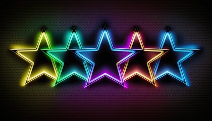 5 Five stars customer product rating colorful neon glowing multicolored solid background, stars rating review icon for quality of service. Neon lights shiny five stars feedback review, generative AI