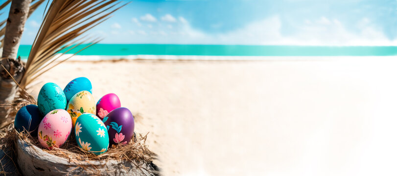 colorful painted easter eggs on beach, generative ai