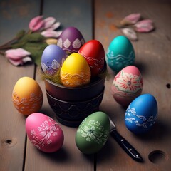 colored easter eggs in craft workshop, generative ai