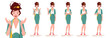 Elegant young business woman in different poses set, wearing sneakers . Various gestures excited, thinking, standing with crossed hands, showing thumb up and ok sign isolated vector illustration