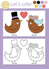 Wall Mural - Wedding coloring page for children with cute just married bird couple. Vector marriage ceremony color book for kids with animal bride, groom and colored example. Drawing skills printable worksheet.
