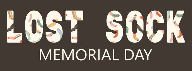 Wall Mural - Lost sock memorial day. May 9. Bold typography with warm accessories pattern. Unpaired single socks of retro muted palette. Poster, banner template Vector illustration