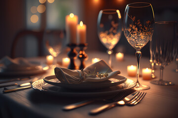 elegant table setting with candles in restaurant. selective focus. generative ai technology