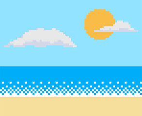 Wall Mural - Pixel art seascape with the shore of the ocean. Vector illustration.