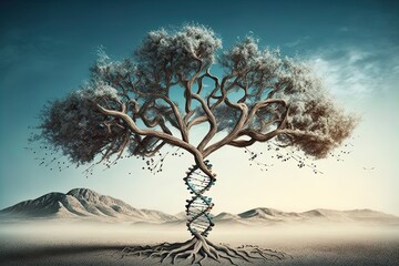 Poster - tree with a trunk in the shape of a dna helix. Generated by AI