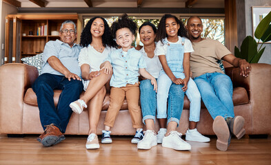 Poster - Black family portrait, living room sofa and bonding of a mother, father and kids on a couch with happiness. Happy, parent love and grandparent support of people laughing in a home together with smile