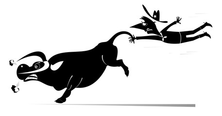 Wall Mural - Farmer or cowboy and angry bull illustration. 
Rodeo. Farmer or cowboy catching a bull by tail. Black and white illustration
