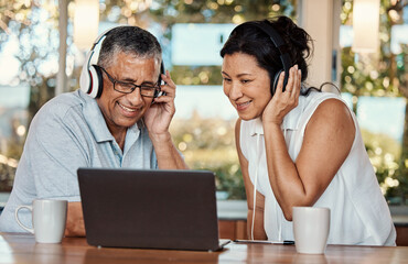 Sticker - Laptop, headphones and senior couple on video call in home, chatting and talking. Technology, computer and happy, elderly and retired man and woman in virtual conversation or online streaming