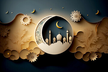 Wall Mural - ramadan background paper cut with mosque and moon