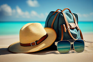 Straw hat, bag and sun glasses on a tropical beach. generative ai 