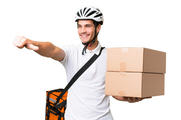 Wall Mural - Delivery man wearing a helmet bike over isolated background giving a thumbs up gesture