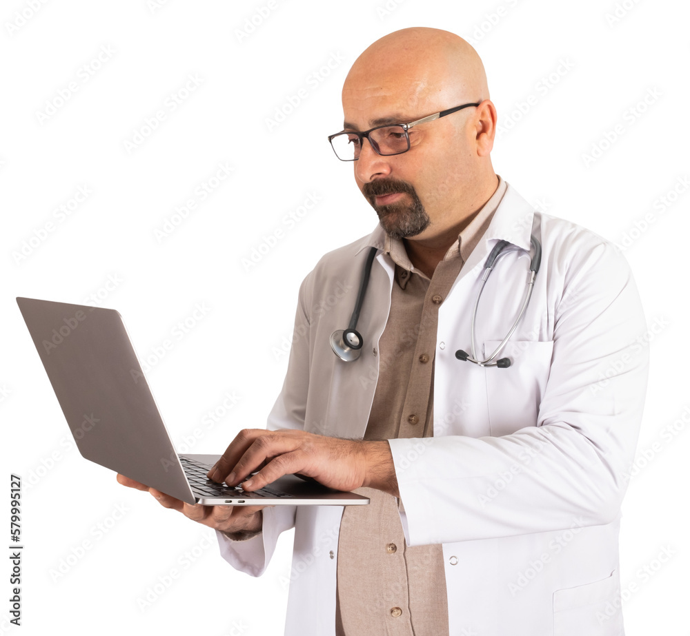 Doctor Computer Without Background Physician using laptop, transparent png portrait of caucasian physician ...