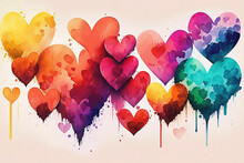 Wall Art Of Colorful Hearts Symbols Watercolors - Valentine's And Mother's Day - Generative Ai