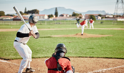 Sticker - Baseball, bat and waiting with a sports man outdoor, playing a competitive game during summer. Fitness, health and exercise with a male athlete or player training on a field for sport or recreation