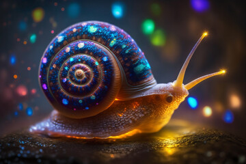 Wall Mural - Mystical glowing colorful snail. Isolated on magical blurred background. Stunning birds and animals in nature travel or wildlife photography made with Generative AI