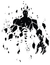 The Black Silhouette Of A Huge Creepy Golem Gathering From Stone Fragments Levitating In The Air, His Eyes Glow And His Spine Is Visible. 2d Fantasy Vector Art