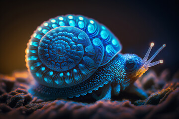 Wall Mural - Mystical glowing blue snail with beautiful darts. Stunning birds and animals in nature travel or wildlife photography made with Generative AI